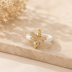 Bee Ring in Gold-Plated Stainless Steel and Ceramic – Cubic Zirconia Statement Ring