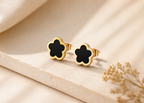 Black Clover Stud Earrings in Gold-Plated Stainless Steel – Minimalist Flower Earrings