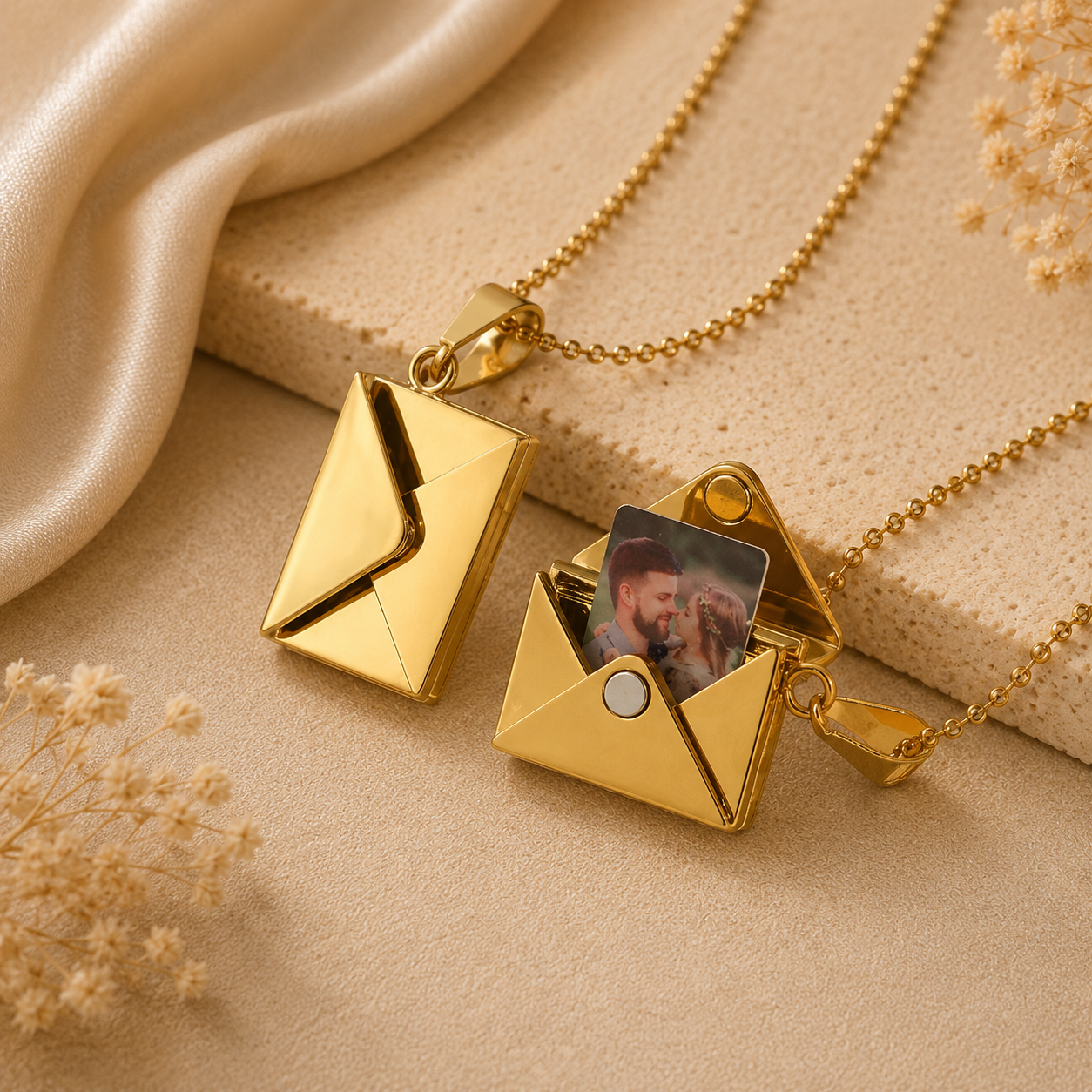 Personalized Envelope Photo Necklace – Hidden Picture Locket Necklace in Gold-Plated Stainless Steel